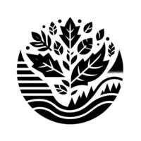 A minimalist black and white naturethemed emblem. A stylized tree comprised of leaves in a circular frame, incorporating landscape elements like mountains, water, and a gradient sky. vector