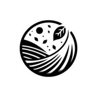Circular Monochrome Emblem of Rural Landscape Rolling Fields, Leaf, Sun, and Subtle Details. vector