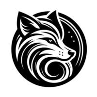 A stylized monochrome wolf portrait within a circle, featuring swirling patterns, a serene gaze, and a minimalist , evoking strength and wildness. vector