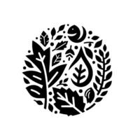 Intricate Black and White Circular Composition Leafy Elements, Moon, and Dots, a Minimalist . vector