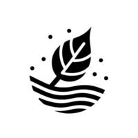 A stylized black silhouette depicts a leaf sprouting from wavy lines, like water, with surrounding dots on a white background representing natural elements. vector