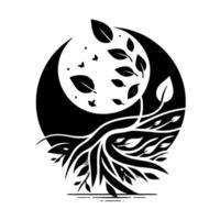 Black and white circular nature artwork depicts leaves, butterflies, and a moonlike shape with organic roots, symbolizing growth and harmony. vector