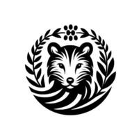 Stylized Black and White Raccoon Head within Circular Laurel Wreath, Berries Accent, Geometric, Minimalist . vector