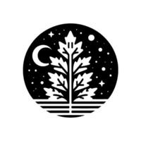 A minimalist black and white showcasing a tree silhouette, crescent moon, stars, and a dotted night sky enclosed within a circle, evoking natures serenity. vector