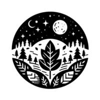 A monochrome nightscape, a leaf centerpiece in a circular , featuring a forest silhouette under a starry sky with moon and crescent. vector