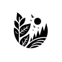 Black White minimalist nature scene, leaf mountain silhouette in a circle, with sun and birds, capturing a serene, tranquil mood. vector