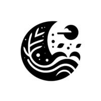 YinYang inspired black and white minimalist showcasing nature elements, crescent moon, waves, and foliage. vector