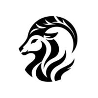 A minimalist, stylized illustration of a creatures head with a fusion of deer and lion features, rendered in bold black and white, set against a clean white backdrop. vector
