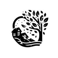 Serene Black and White Illustration Homes Nestled Near a Tree Within a Circular Embrace, Depicting Natures Harmony vector