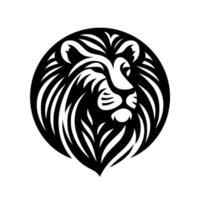 Stylized Black and White Lion Head within Circle, Minimalist Emblem of Strength and Majesty, Side Profile. vector