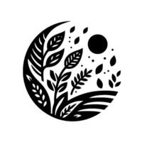 A minimalist, circular featuring stylized foliage, a full moon, and scattered elements, rendered in black and white. vector
