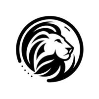Black and white minimalist lion head emblem, encircled with lines, facing right, on white background, with a clean and stylized . vector
