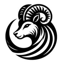 A bold, stylized monochrome emblem depicting a proud rams head, featuring elegant curves and contrasting black and white elements. vector