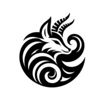 Intricate black and white stylized illustration featuring a foxlike creature with horns, integrated into a circular composition using curved lines. vector