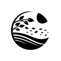 Black and white minimalist circular featuring a stylized tree, rolling landscape, and a crescentshaped moon. vector