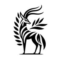 A stylized black and white depiction of a gazelle, adorned with elegant leafy elements, conveying a sense of nature, grace, and minimalist . vector