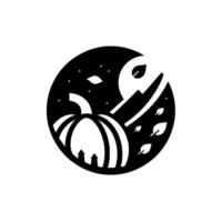 A stylized black and white circular illustration of a pumpkin with houseshaped stems, a moon and falling leaves in a starry night. vector