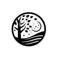 Minimalist black and white circular featuring a windswept tree, crescent moon, rolling hills, and falling leaves, conveying a serene, natural theme. vector