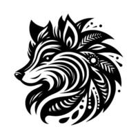 Intricate Black White Tribal Wolf Head Silhouette with Decorative, Stylized Patterns and Organic Shapes on a Pure White Background. vector