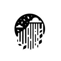 Minimalist black and white illustration inside a circle depicting falling rain, leaves, and clouds, evoking a calm autumn atmosphere. vector