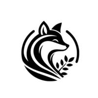 Stylized Black and White Fox Head Enclosed in a Circle with a Leafy Branch, conveying a serene and natural aesthetic. vector