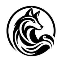 Black and White Stylized Wolf , Enclosed in a Circle, Composed of Wavelike Patterns. vector