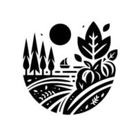 Stylized Black and White Landscape Sun, Trees, Boat, Farm Fields, and Organic Shapes within a Circular Composition. vector