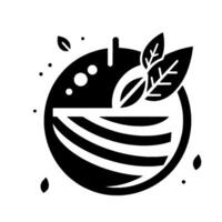 Black and White Minimalist Circular Bowl with Leaves, a Handle, and Decorative Dots, Abstract Food Illustration. vector