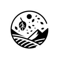 Minimalist Black and White Nature A Circular Composition Depicting Mountains, Fields, and Falling Leaves with Sun, Evoking Serenity. vector