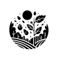 Minimalist black and white circular featuring a stylized landscape with a central plant, leaves, trees, and a sun. vector