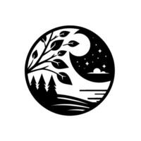 Silhouetted Night Scene Moonlit Sky, Forest, and Foliage Encased in a Circular Black and White . vector
