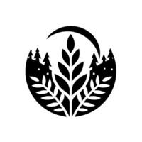 Serene Nature Black Silhouette of a Leafy Plant, Pines Crescent Moon Within a Circle vector