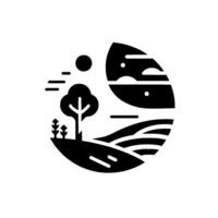 Minimalist black and white landscape illustration within a circular frame, featuring a tree, hills, sun, and abstract clouds. vector
