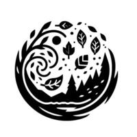 Black and White NatureInspired Circular A Stylized Forest, Leaves, and Swirls Composition. vector