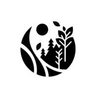 A stylized, minimalist monochrome illustration featuring a forested landscape and sun within a circular frame, evoking a sense of nature and tranquility. vector