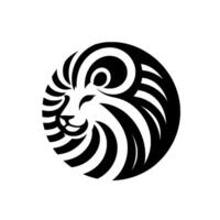 Abstract Black and White Lion Head Within a Circle, Featuring Stylized Mane and Decorative Elements on White Background. vector