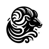 Bold Black and White Stylized Ram Head Profile, Emphasizing Horns, Curves, and Artistic Flow on a Clean White Background. vector