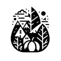 Stylized Black and White Fall Scene Houses, Pumpkin, Trees, and Mountains within a Drop Shape with Dot Accents. vector