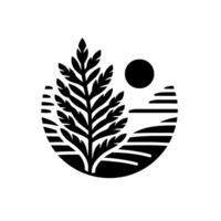 Symbolic black and white illustration of a tree and landscape within a circular frame, embodying nature and harmony. vector