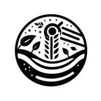Minimalist Black and White Emblem A wheat stalk and sun within a circular frame featuring leaves, hills, and a star, symbolizing growth and nature. vector