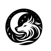 Stylized black and white emblem featuring a wolf silhouette intertwined with a crescent moon and stars within a circular frame, conveying nocturnal elegance. vector