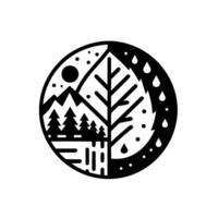 Symbolic Black and White Circular Illustration of a Nature Cycle with a Leaf, Sun, Mountains, Raindrops, and Trees. vector