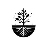 Minimalist Illustration of a Plant Roots, Trunk, and Leaves Encompassed in a SemiCircle, Set Against a White Background. vector