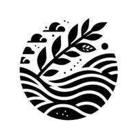 A minimalist black and white circular illustration featuring stylized landscape with a plant, clouds, and rolling terrain. vector