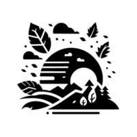Minimalist black and white nature illustration with stylized mountain landscape, sun, leaves, and clouds, creating a calm and balanced . vector