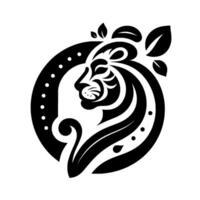 A stylized black and white lion head , elegantly framed within a circle, adorned with leaves, showcasing a minimalistic and artistic aesthetic. vector