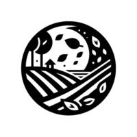 A minimalist, circular black and white illustration depicting a rural landscape with a house, trees, fields, and falling leaves, conveying autumn. vector