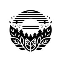 A stylized black and white illustration within a circle, featuring a landscape of trees, leaves, and a partially visible sun, with rain elements, creating a naturethemed . vector