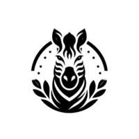 Elegant Zebra Crest Monochromatic Illustration Featuring a Striking Zebra Head Within a Circular Frame, Embellished with Leafy Accents, and Dots, set against a clean white background. vector