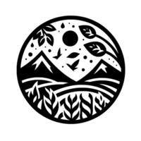 Circular black and white papercut landscape mountains, birds, plants, sun, leaves, and raindrops in a minimalist, artistic composition. vector